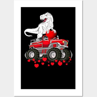 Dinosaur Monster Truck T Rex Valentines Hearts Toddlers Kids T-Shirt Posters and Art